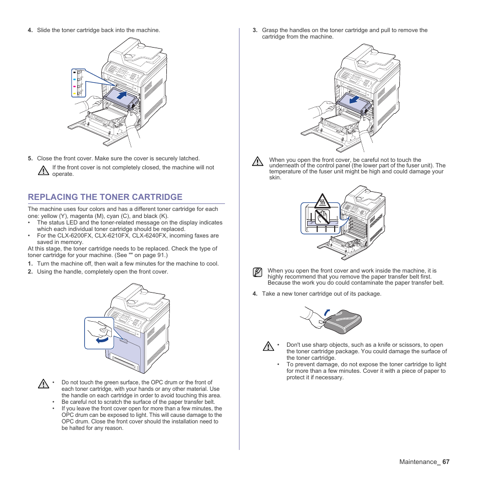 Clearing the toner empty message, Replacing the toner cartridge | Samsung CLX-6200ND User Manual | Page 67 / 161