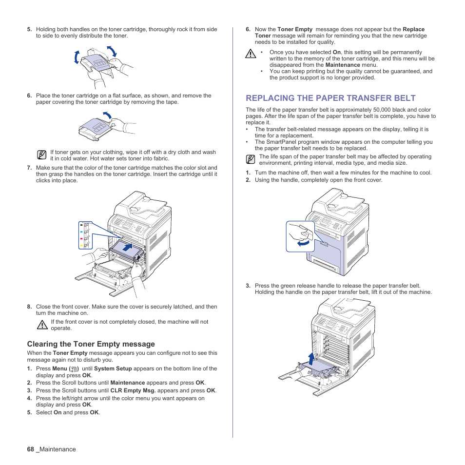 Replacing the paper transfer belt, Duplex printing, 68 replacing the paper transfer belt | Clearing the toner empty message | Samsung CLX-6200ND User Manual | Page 68 / 161