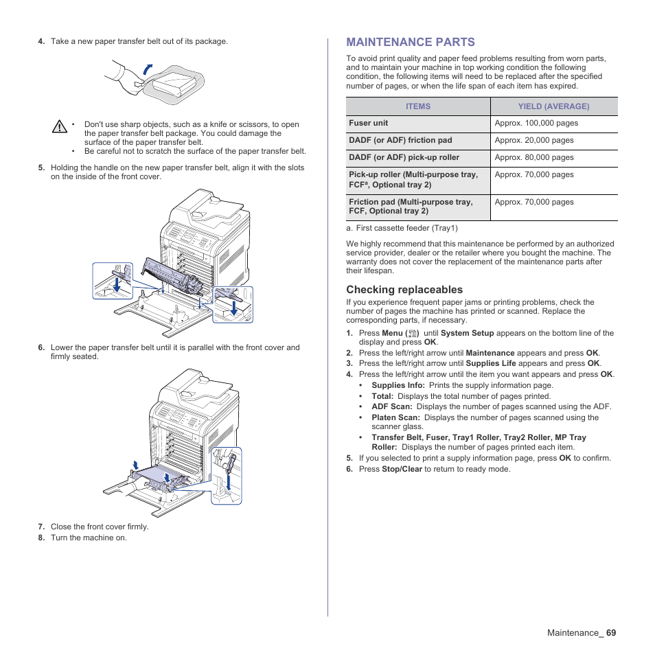 Maintenance parts, Checking replaceables, Replacing the dadf (or adf) rubber pad | 69 maintenance parts | Samsung CLX-6200ND User Manual | Page 69 / 161
