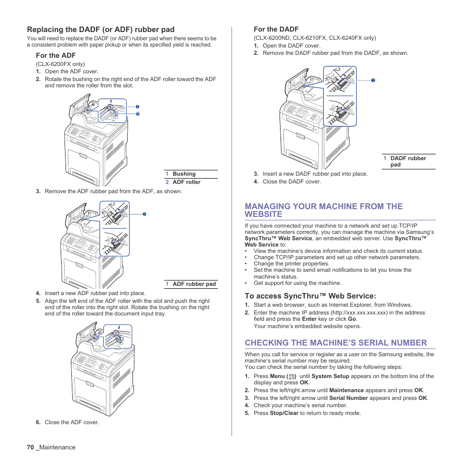 Managing your machine from the website, To access syncthru™ web service, Checking the machine’s serial number | 70 managing your machine from the website, To access sync, 70 checking the machine’s serial number, Replacing the dadf (or adf) rubber pad | Samsung CLX-6200ND User Manual | Page 70 / 161