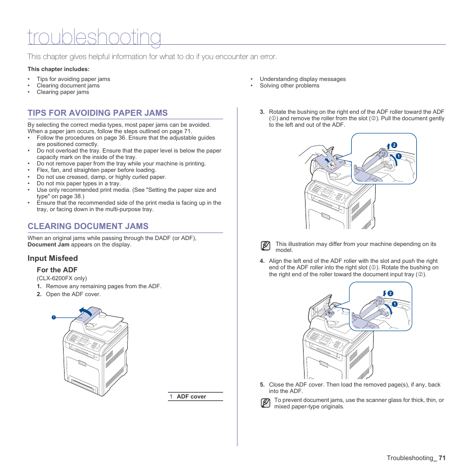 Troubleshooting, Tips for avoiding paper jams, Clearing document jams | Input misfeed | Samsung CLX-6200ND User Manual | Page 71 / 161