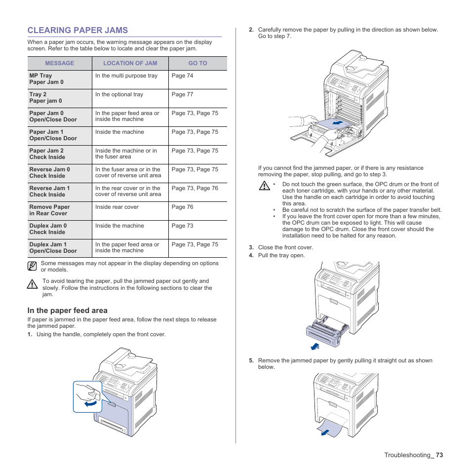 Clearing paper jams, In the paper feed area, 73 clearing paper jams | Samsung CLX-6200ND User Manual | Page 73 / 161