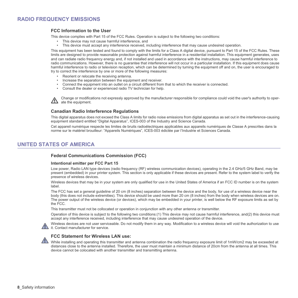 Radio frequency emissions, United states of america | Samsung CLX-6200ND User Manual | Page 8 / 161