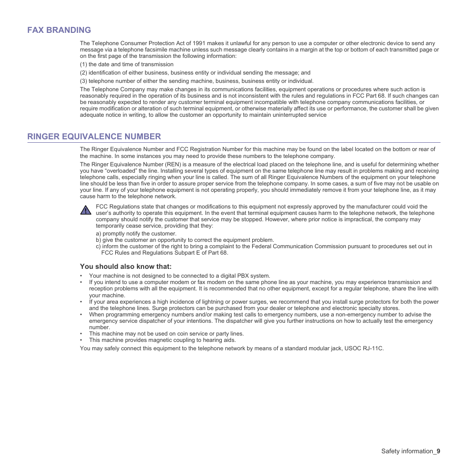Fax branding, Ringer equivalence number | Samsung CLX-6200ND User Manual | Page 9 / 161