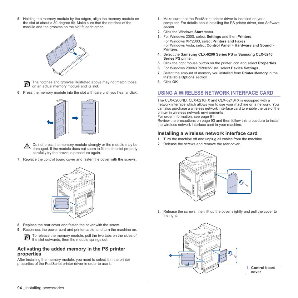 Using a wireless network interface card, Installing a wireless network interface card, 94 using a wireless network interface card | Samsung CLX-6200ND User Manual | Page 94 / 161