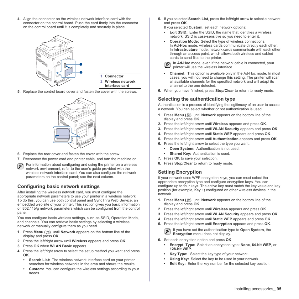 Configuring basic network settings, Selecting the authentication type, Setting encryption | Samsung CLX-6200ND User Manual | Page 95 / 161