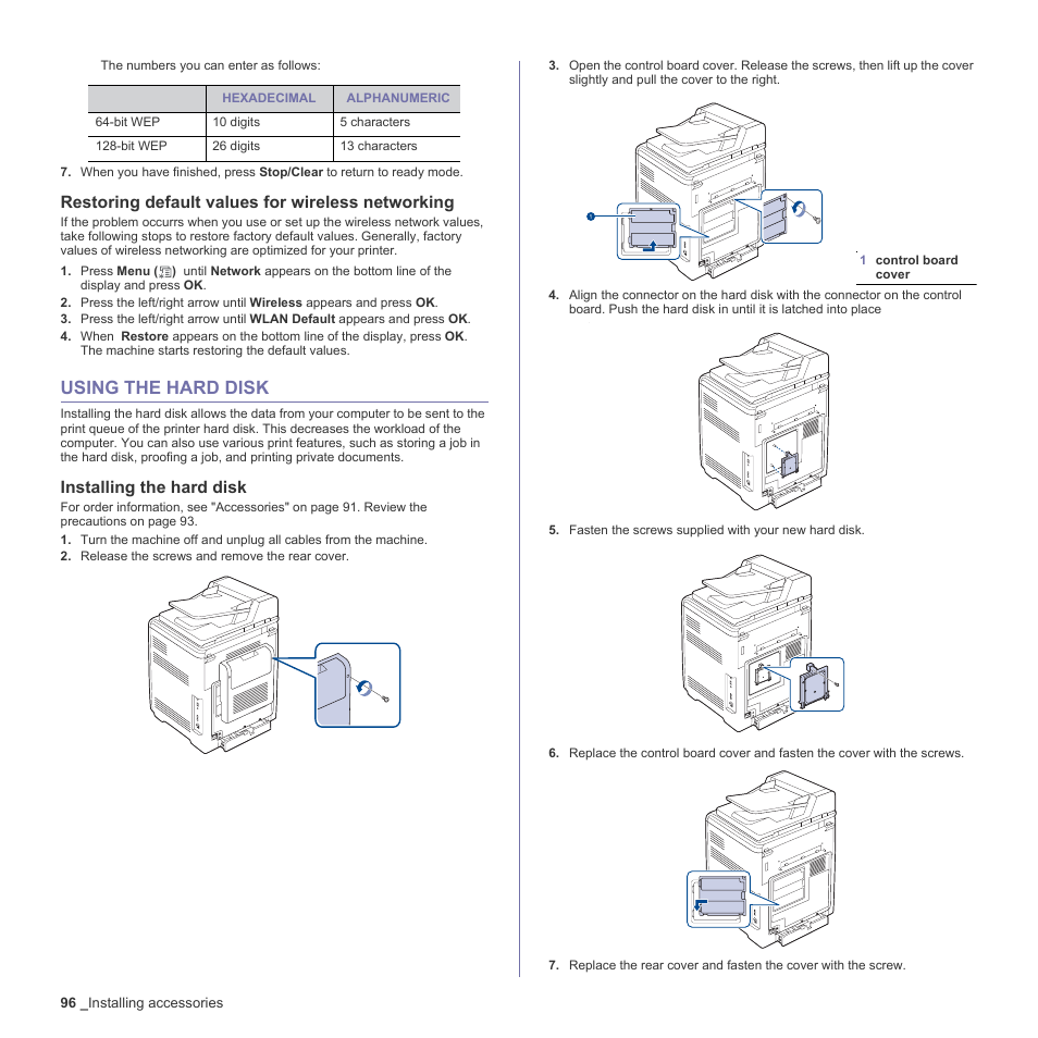 Restoring default values for wireless networking, Using the hard disk, Installing the hard disk | 96 using the hard disk | Samsung CLX-6200ND User Manual | Page 96 / 161