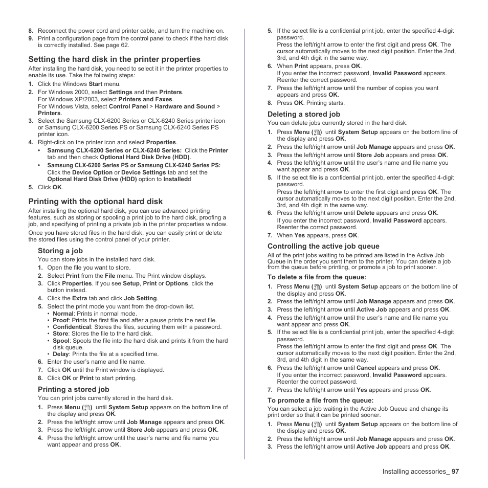 Setting the hard disk in the printer properties, Printing with the optional hard disk | Samsung CLX-6200ND User Manual | Page 97 / 161