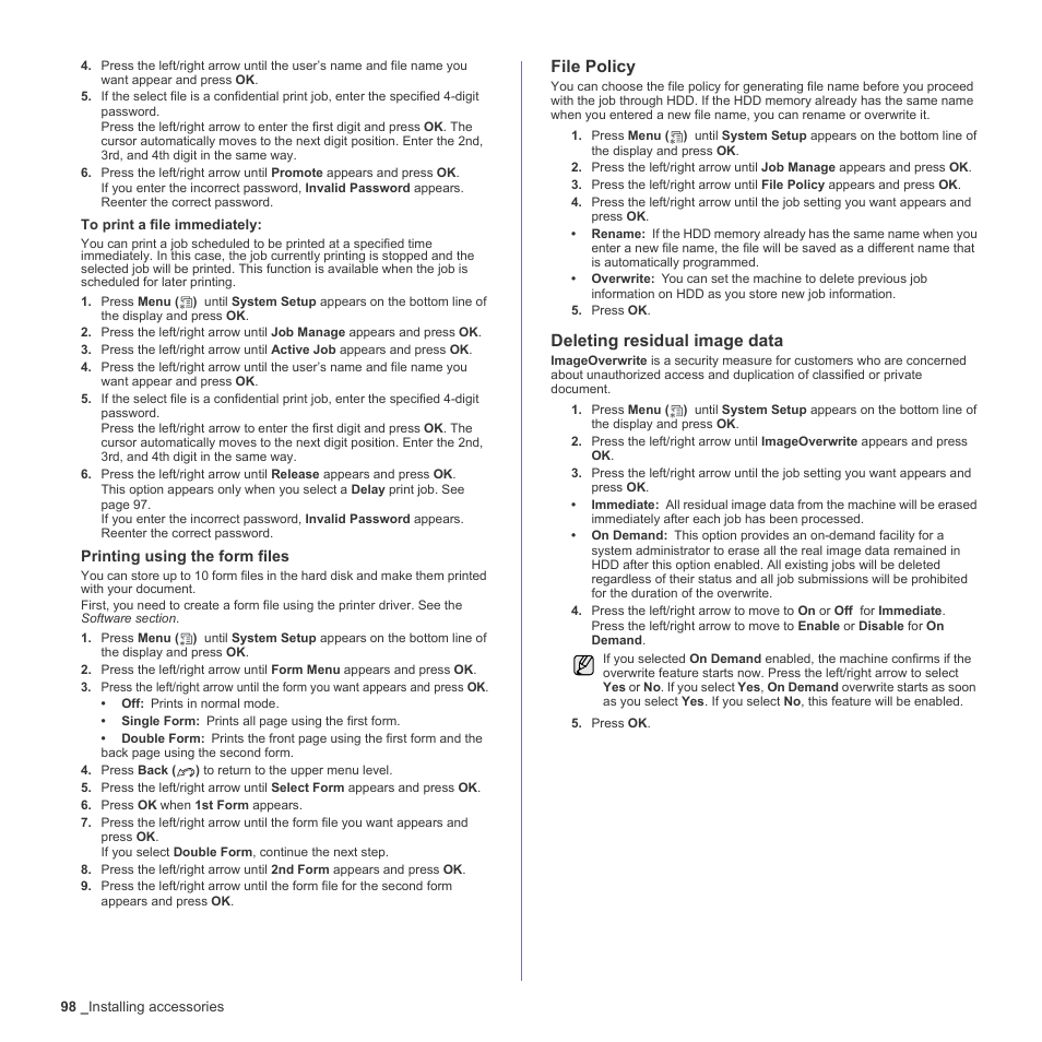 File policy, Deleting residual image data | Samsung CLX-6200ND User Manual | Page 98 / 161