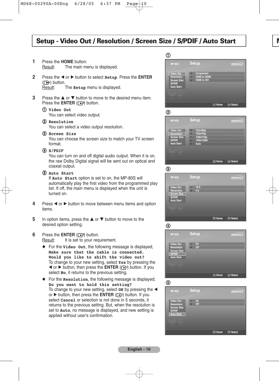Setup | Samsung MP-80S User Manual | Page 10 / 12