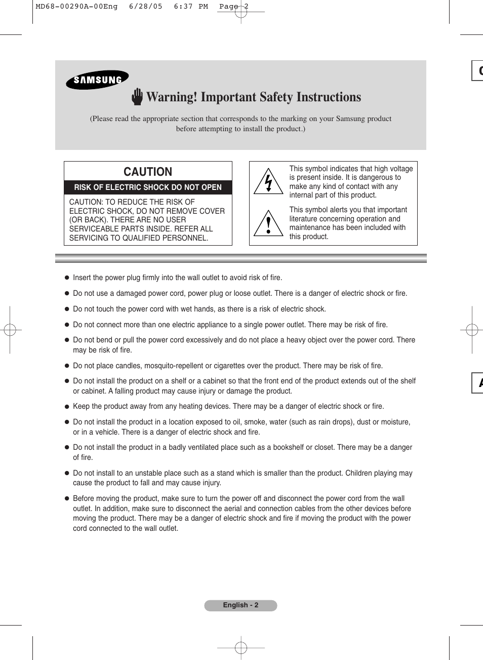 Warning! important safety instructions, Caution | Samsung MP-80S User Manual | Page 2 / 12