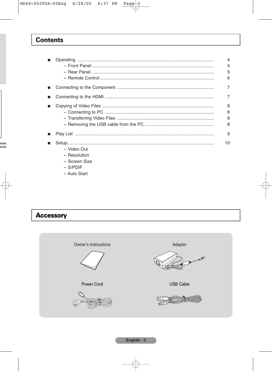 Video out, Resolution, Screen size | S/pdif, Auto start, Contents accessory | Samsung MP-80S User Manual | Page 3 / 12