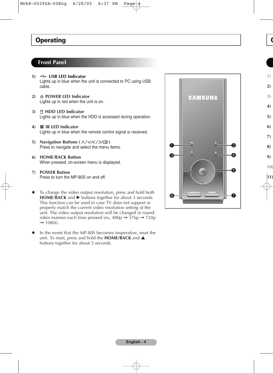 Operating, Front panel | Samsung MP-80S User Manual | Page 4 / 12