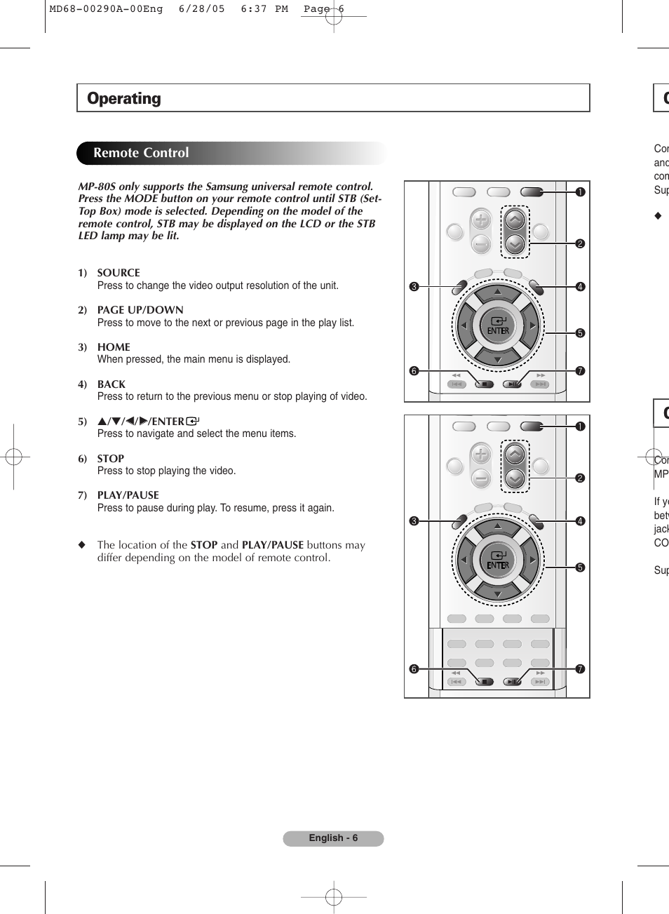Remote control, Operating | Samsung MP-80S User Manual | Page 6 / 12