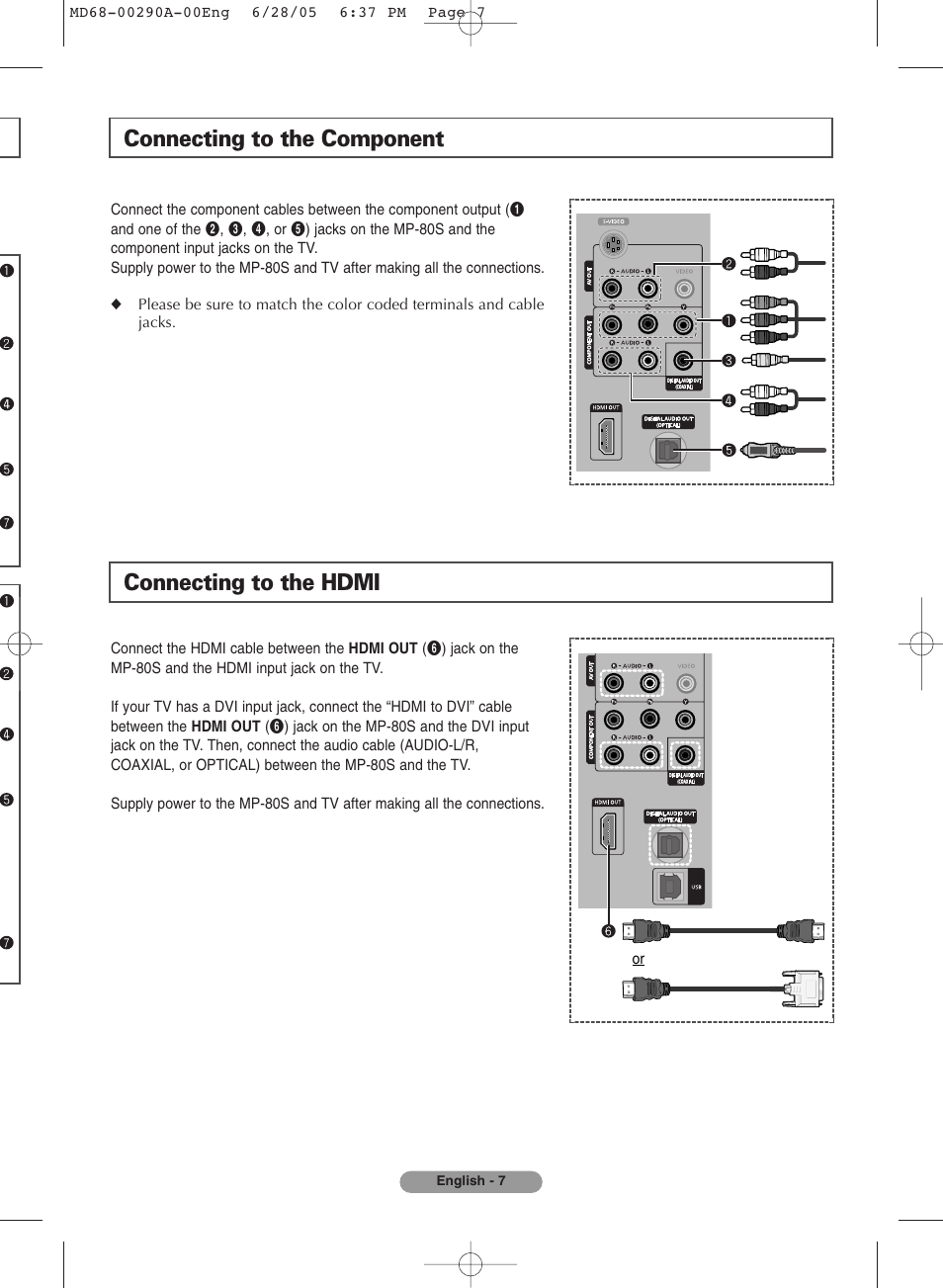 Connecting to the component, Connecting to the hdmi | Samsung MP-80S User Manual | Page 7 / 12