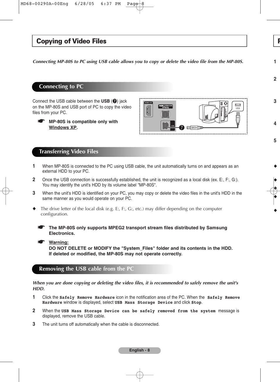 Copying of video files, Connecting to pc, Transferring video files | Removing the usb cable from the pc | Samsung MP-80S User Manual | Page 8 / 12
