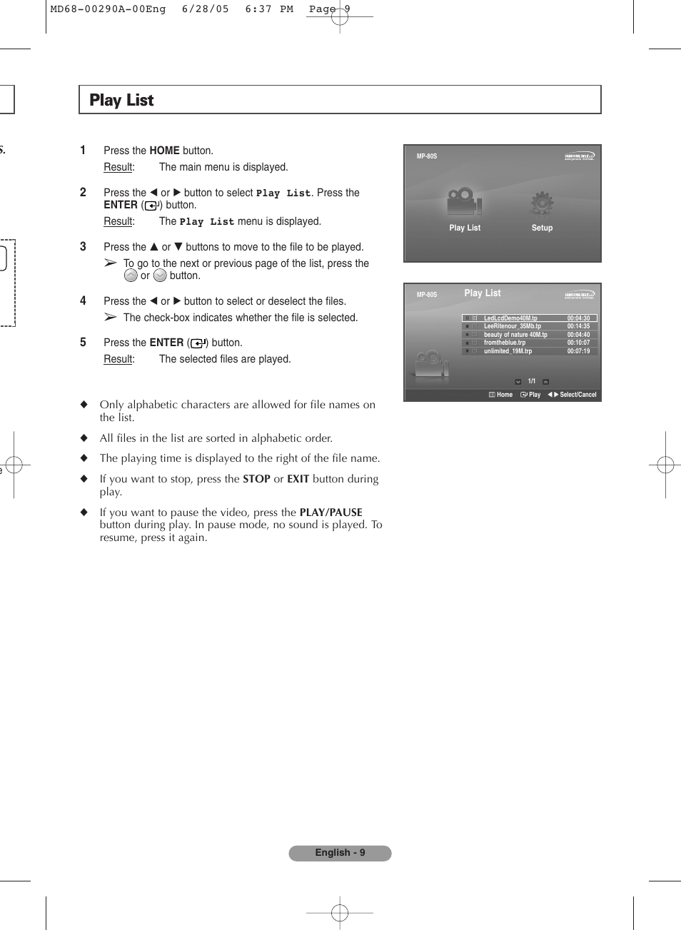 Play list | Samsung MP-80S User Manual | Page 9 / 12
