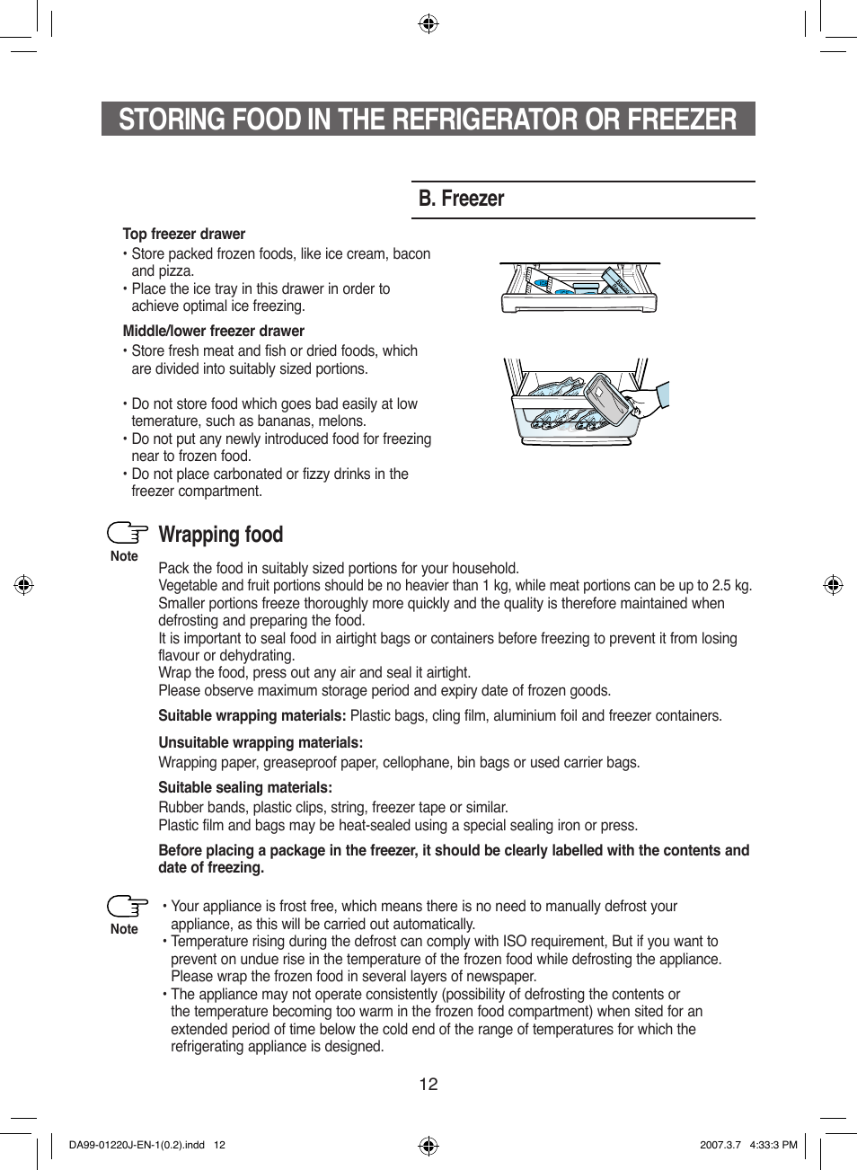 Storing food in the refrigerator or freezer, B. freezer wrapping food | Samsung DA99-01220J User Manual | Page 12 / 30