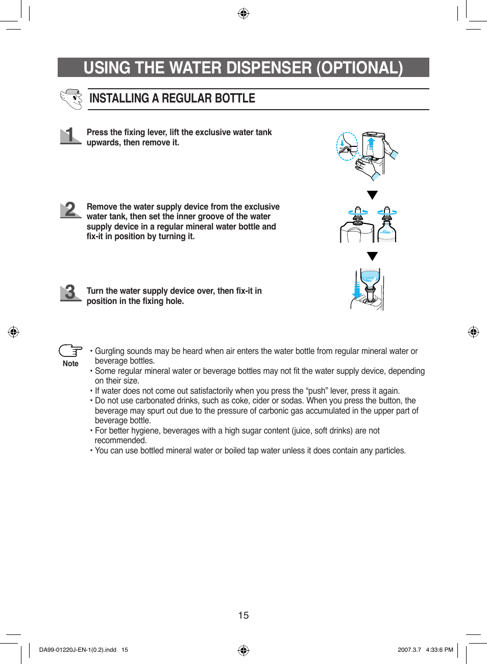 Using the water dispenser (optional), Installing a regular bottle | Samsung DA99-01220J User Manual | Page 15 / 30