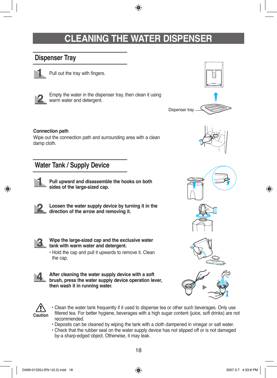 Cleaning the water dispenser, Dispenser tray, Water tank / supply device | Samsung DA99-01220J User Manual | Page 18 / 30
