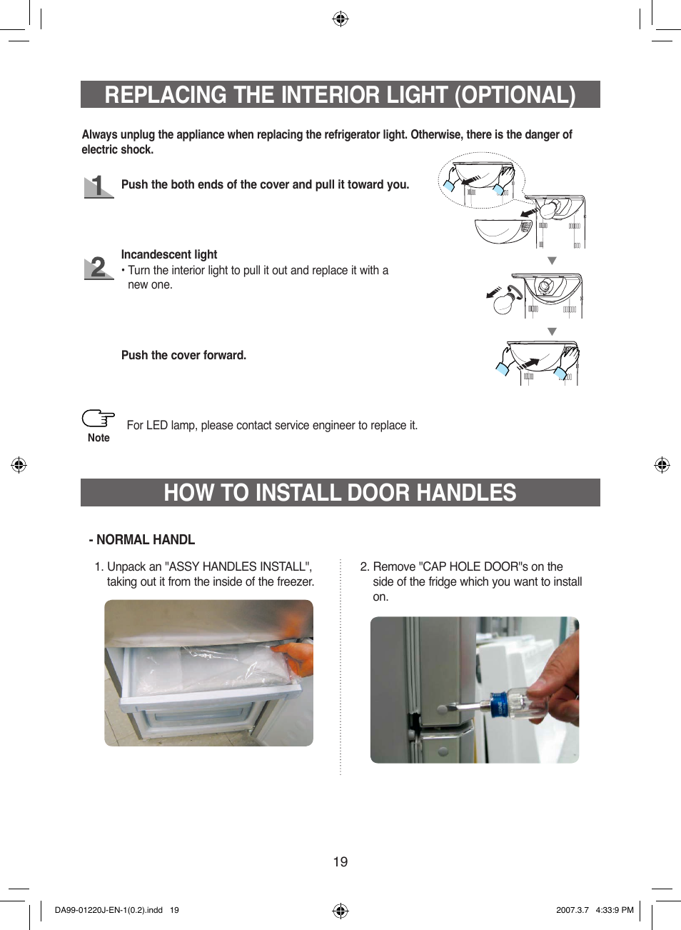 Replacing the interior light (optional), How to install door handles | Samsung DA99-01220J User Manual | Page 19 / 30