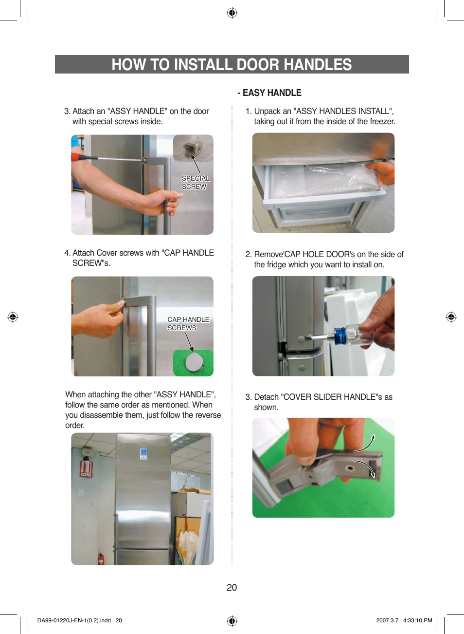 Reversing the door swing, How to install door handles | Samsung DA99-01220J User Manual | Page 20 / 30