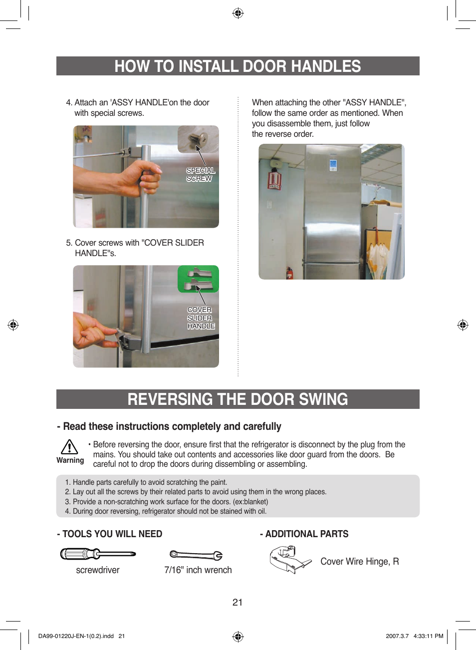 Reversing the door swing, How to install door handles, Read these instructions completely and carefully | Samsung DA99-01220J User Manual | Page 21 / 30