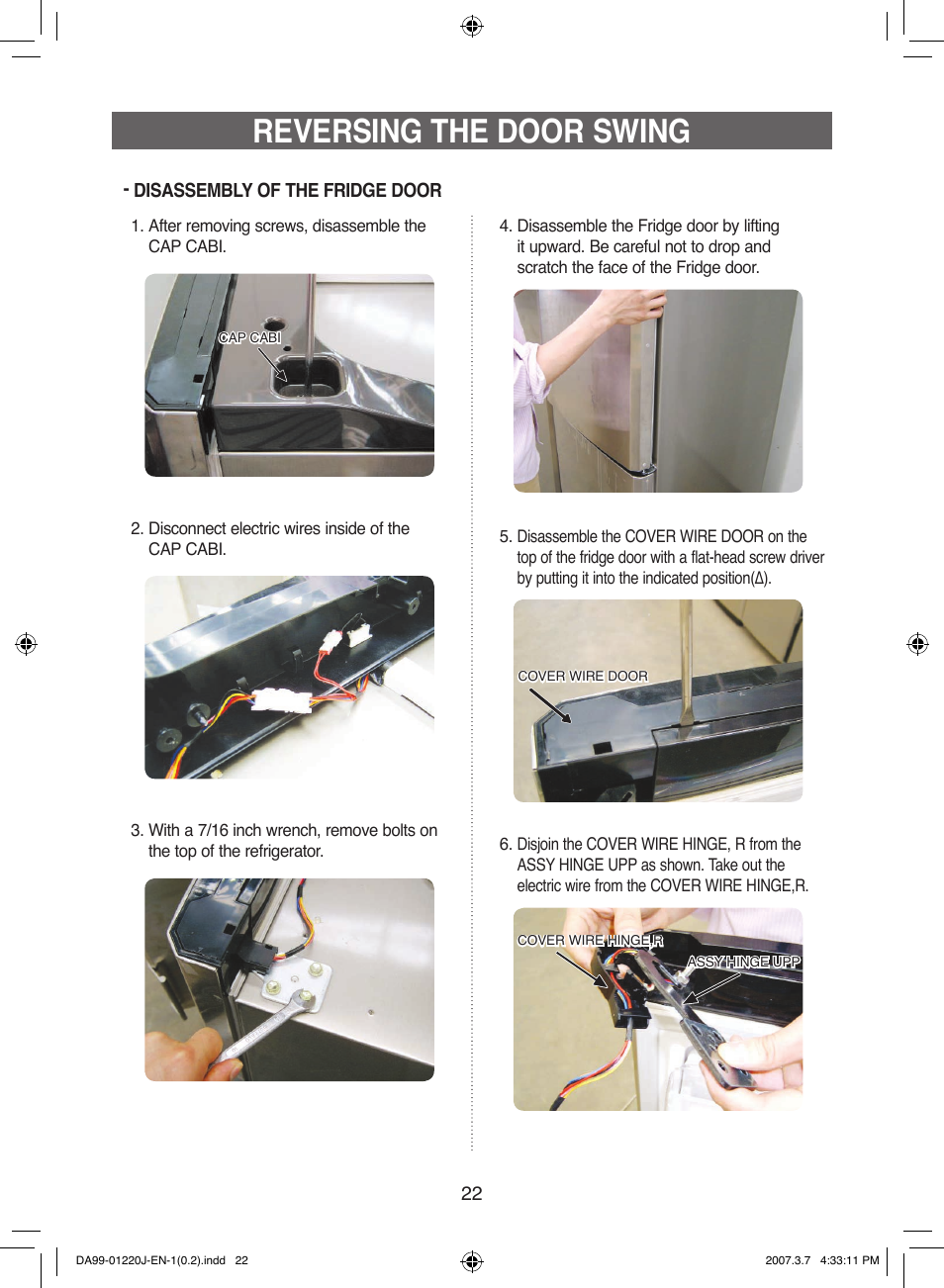 Reversing the door swing | Samsung DA99-01220J User Manual | Page 22 / 30