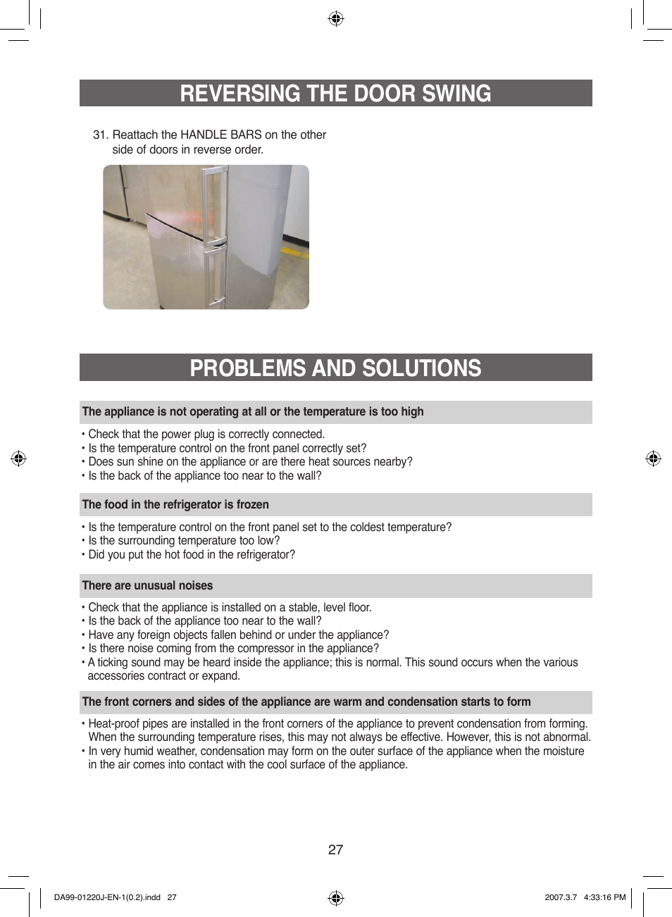 Problems and solutions, Reversing the door swing | Samsung DA99-01220J User Manual | Page 27 / 30