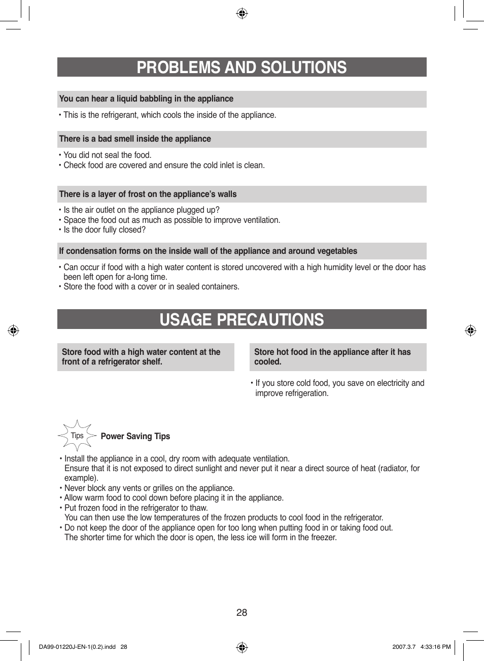 Usage precautions, Problems and solutions | Samsung DA99-01220J User Manual | Page 28 / 30