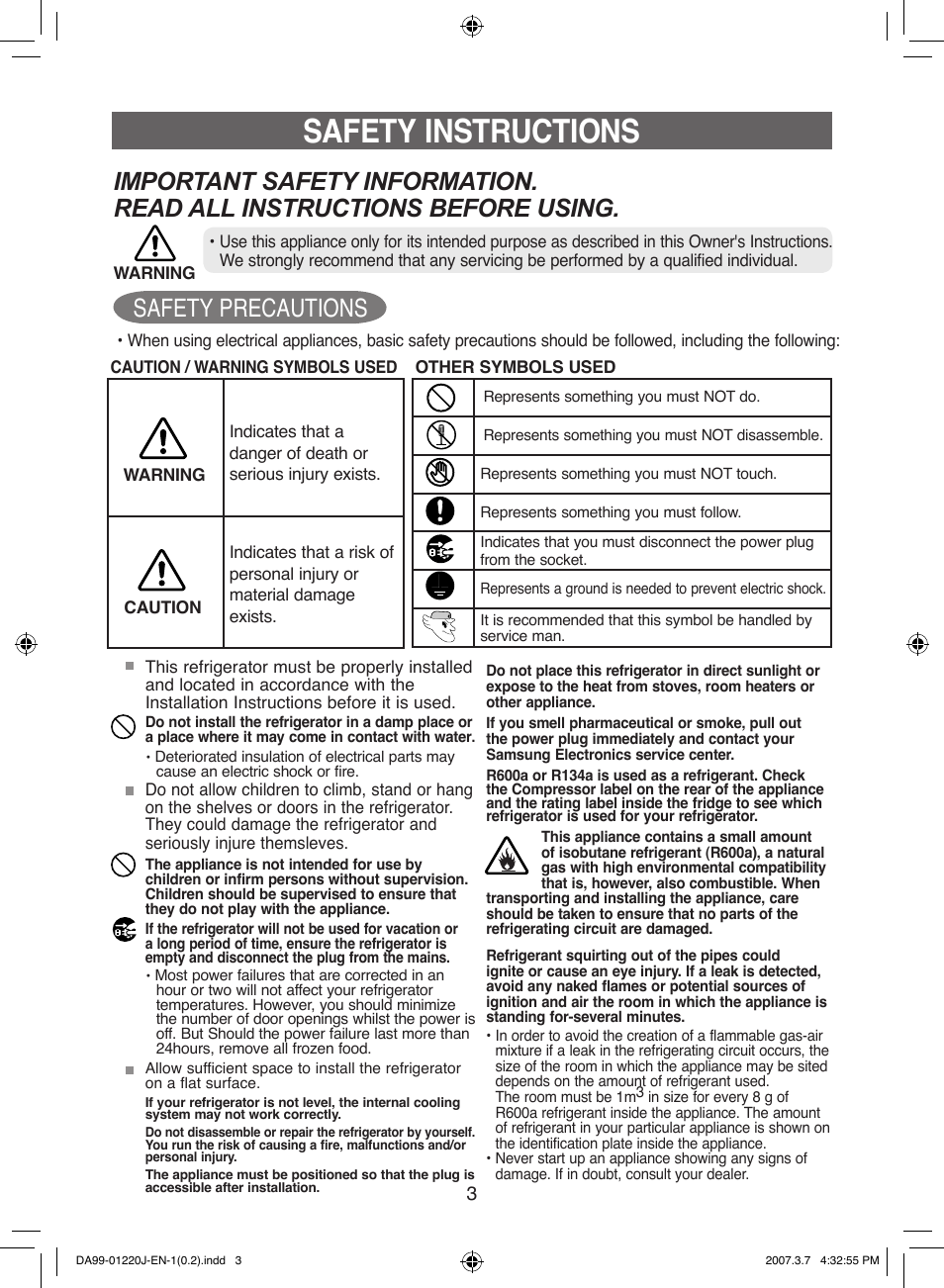 Safety instructions | Samsung DA99-01220J User Manual | Page 3 / 30