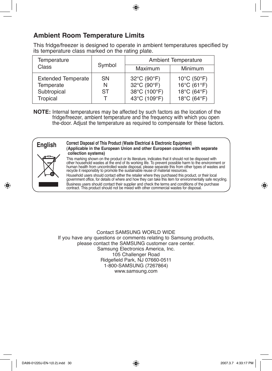 English ambient room temperature limits | Samsung DA99-01220J User Manual | Page 30 / 30