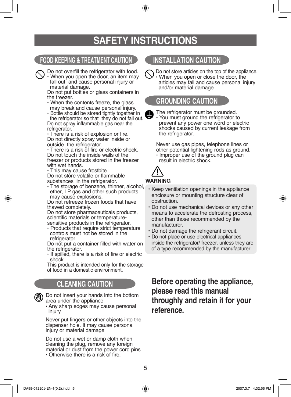 Safety instructions, Food keeping & treatment caution, Grounding caution | Cleaning caution, Installation caution | Samsung DA99-01220J User Manual | Page 5 / 30