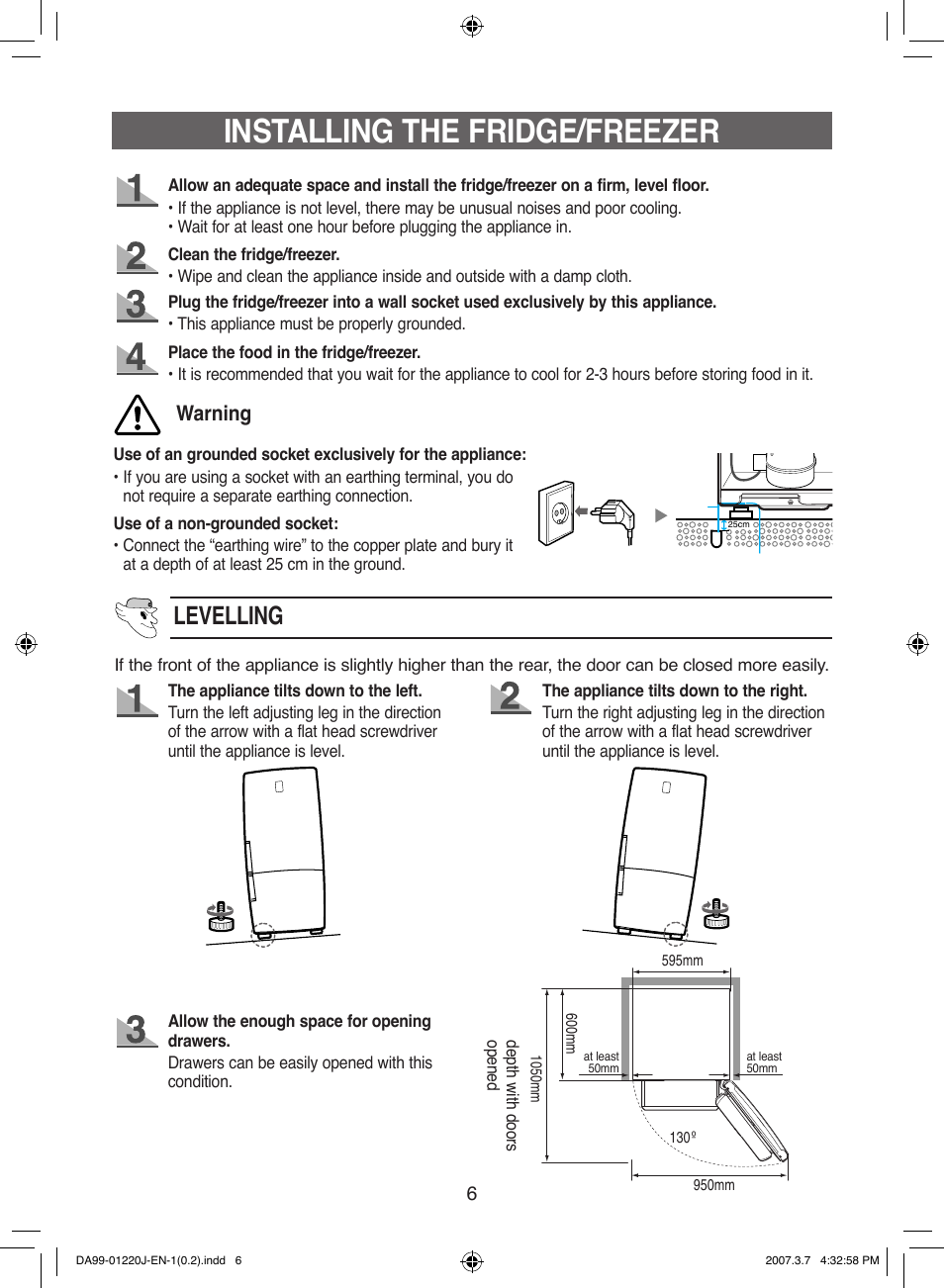 Installing the fridge/freezer, Levelling, Warning | Samsung DA99-01220J User Manual | Page 6 / 30