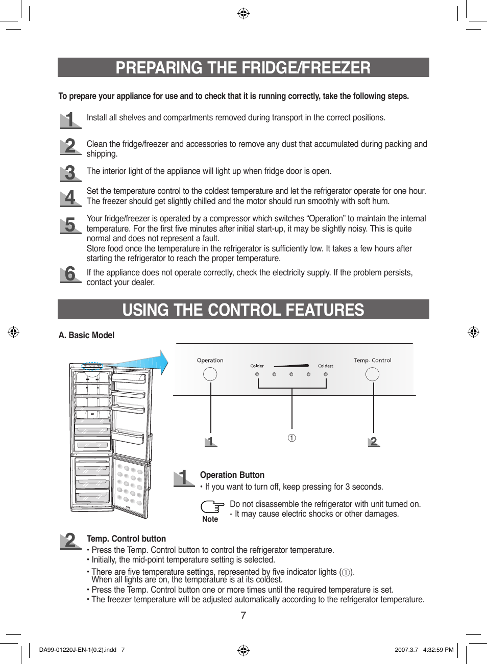 Preparing the fridge/freezer, Using the control features | Samsung DA99-01220J User Manual | Page 7 / 30