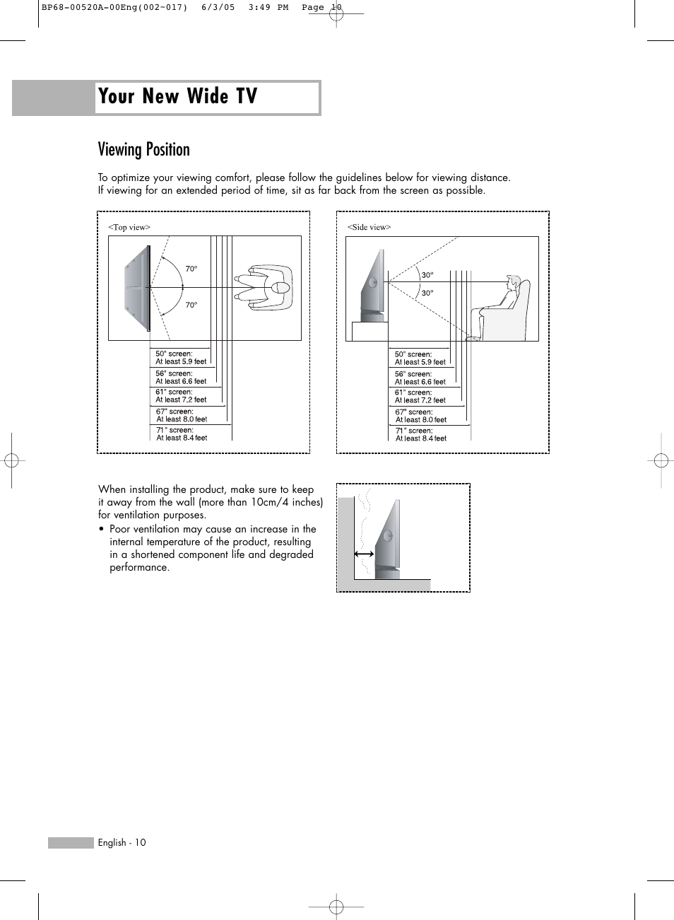 Viewing position, Your new wide tv | Samsung HL-R6168W User Manual | Page 10 / 144