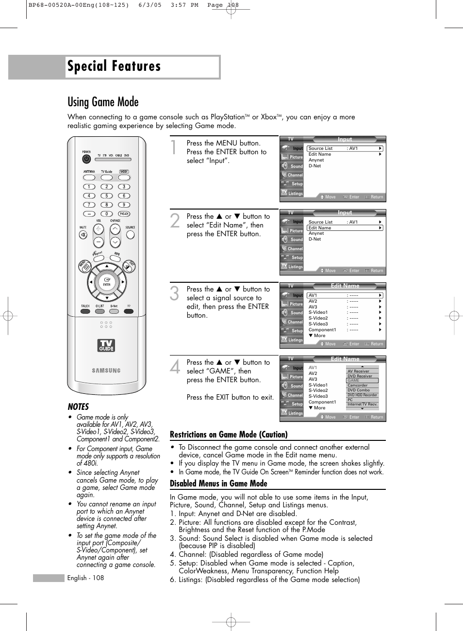 Using game mode, Special features, Restrictions on game mode (caution) | Disabled menus in game mode | Samsung HL-R6168W User Manual | Page 108 / 144