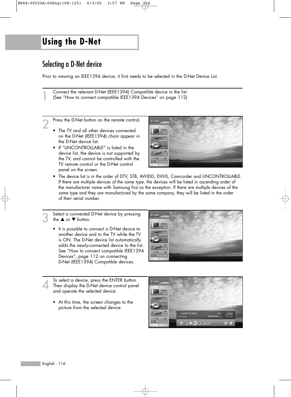 Selecting a d-net device, Using the d-net | Samsung HL-R6168W User Manual | Page 116 / 144