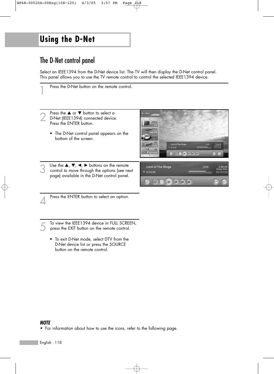 The d-net control panel, Using the d-net | Samsung HL-R6168W User Manual | Page 118 / 144