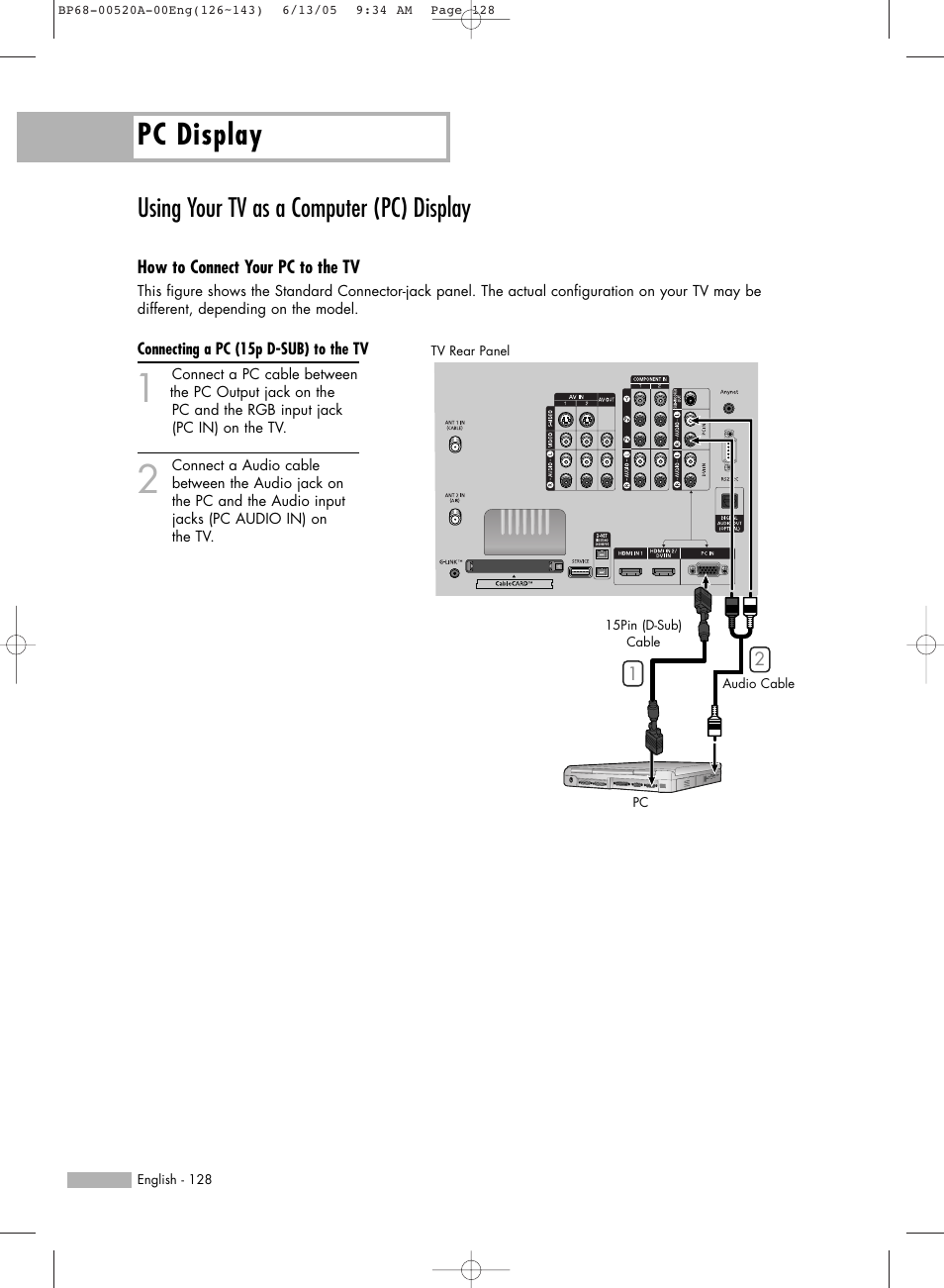 Using your tv as a computer(pc) display, Pc display, Using your tv as a computer (pc) display | Samsung HL-R6168W User Manual | Page 128 / 144