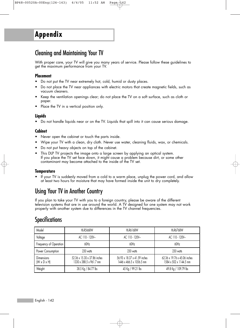 Cleaning and maintaining your tv, Using your tv in another country, Specifications | Appendix | Samsung HL-R6168W User Manual | Page 142 / 144