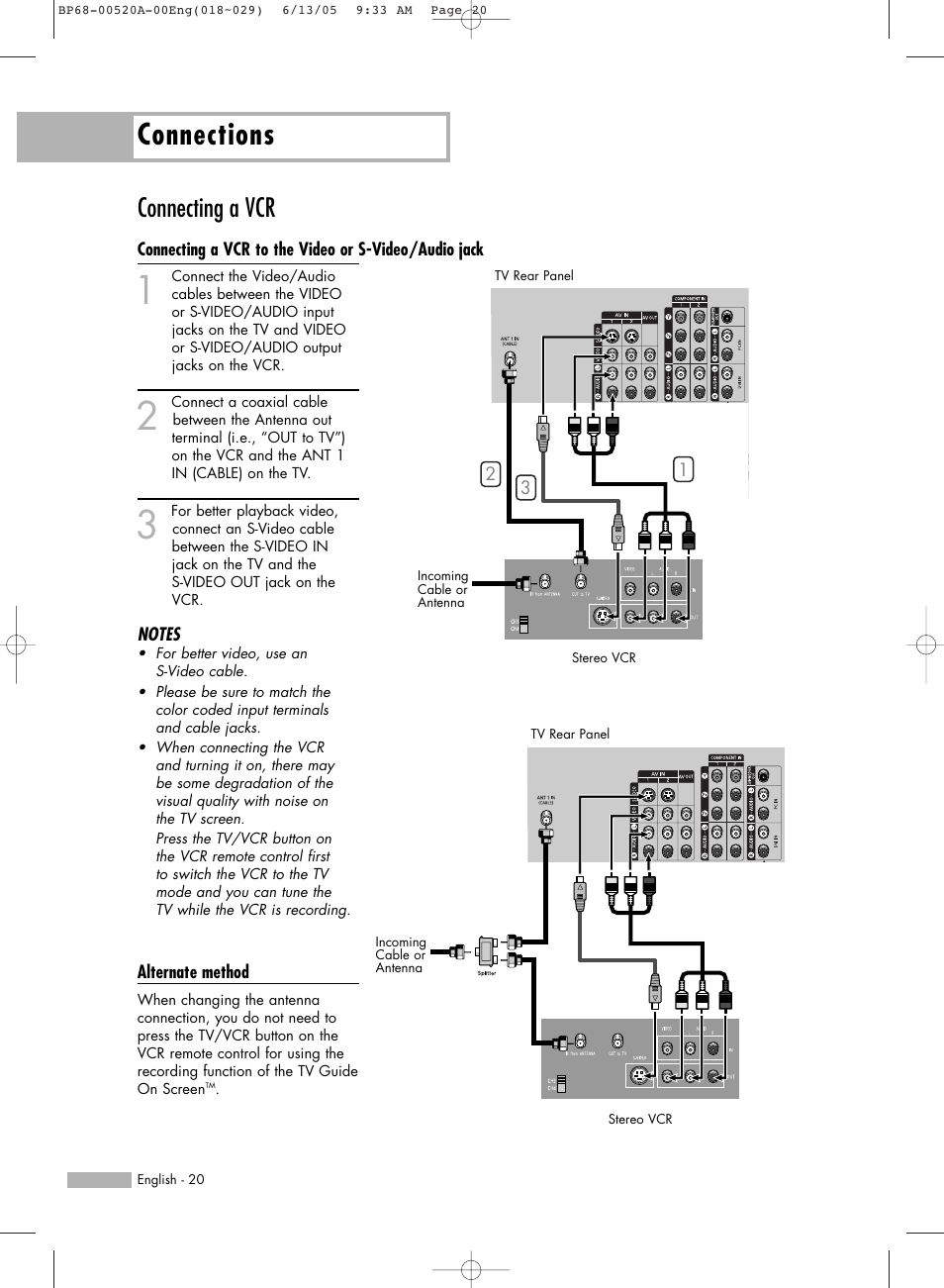 Connecting a vcr, Connections | Samsung HL-R6168W User Manual | Page 20 / 144