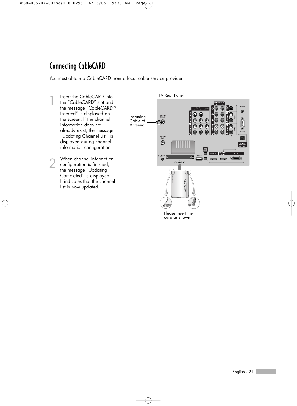 Connecting cablecard | Samsung HL-R6168W User Manual | Page 21 / 144