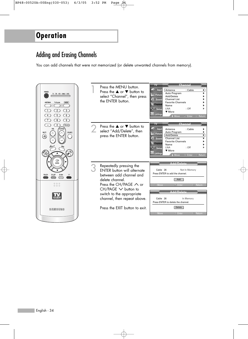 Adding and erasing channels, Operation | Samsung HL-R6168W User Manual | Page 34 / 144