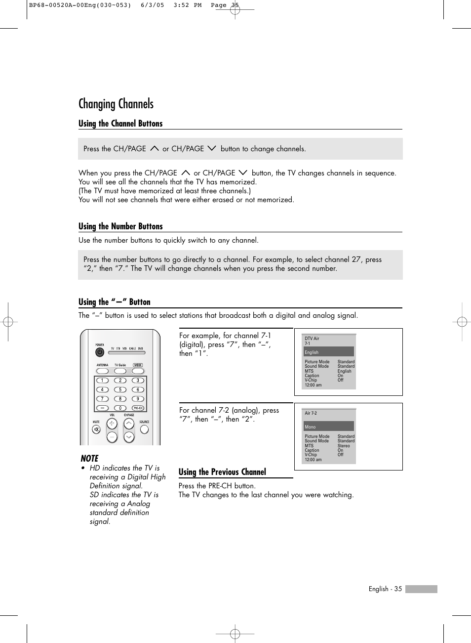 Changing channels, Using the channel buttons, Using the number buttons | Using the “-” button, Using the previous channel | Samsung HL-R6168W User Manual | Page 35 / 144