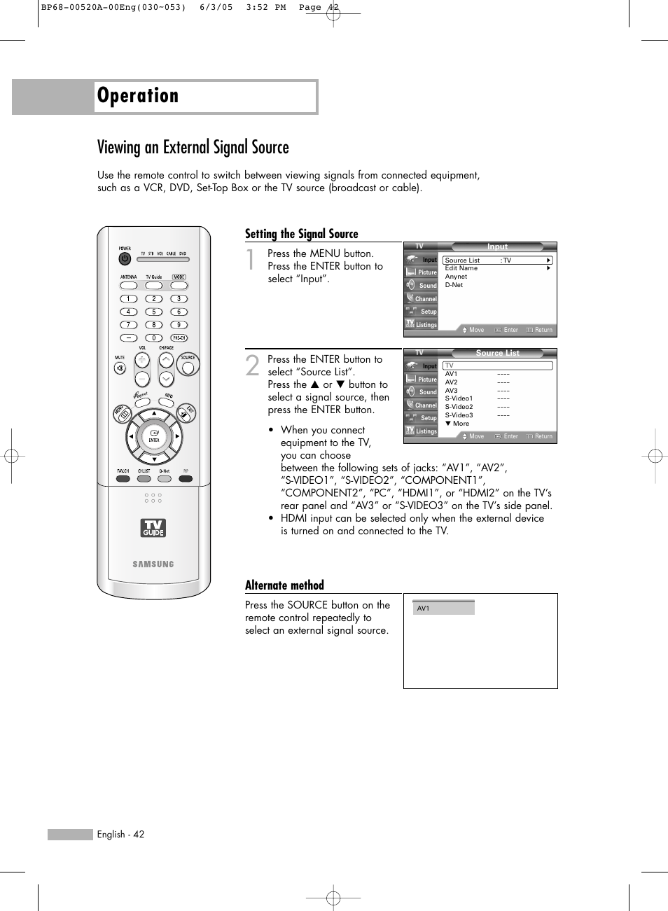 Viewing an external signal source, Operation, Setting the signal source | Alternate method | Samsung HL-R6168W User Manual | Page 42 / 144