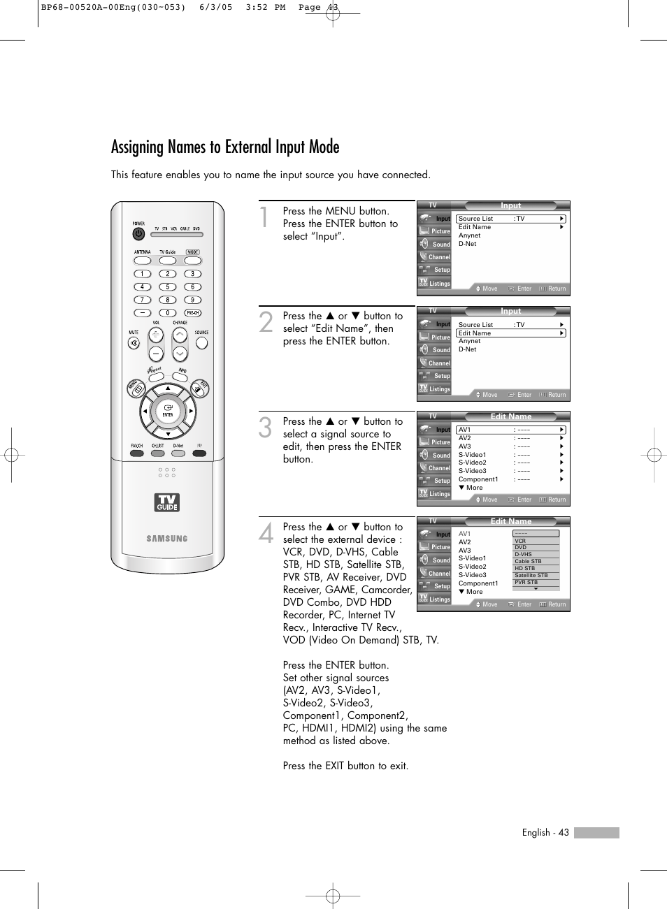 Assigning names to external input mode | Samsung HL-R6168W User Manual | Page 43 / 144