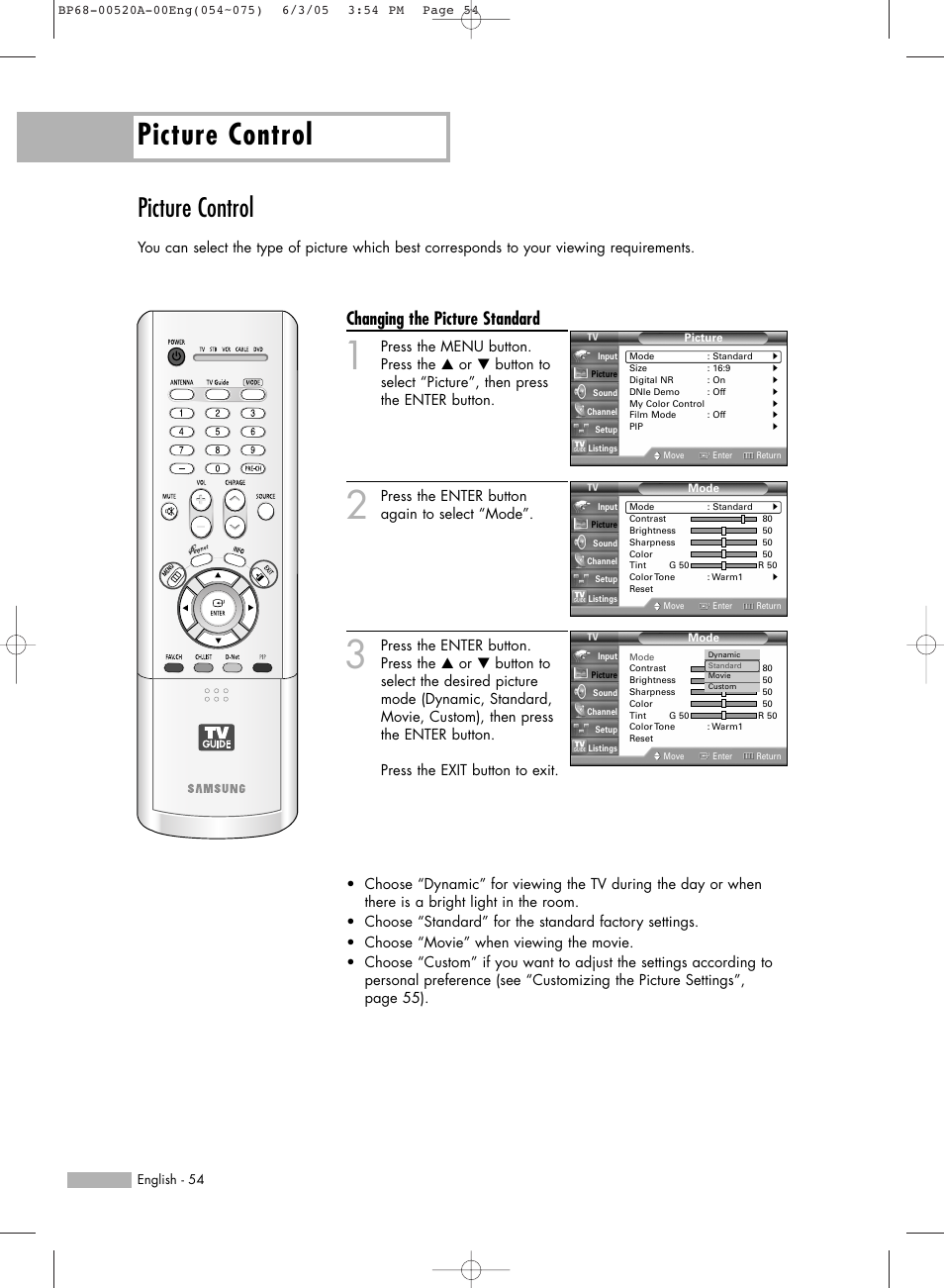 Picture control, Changing the picture standard | Samsung HL-R6168W User Manual | Page 54 / 144