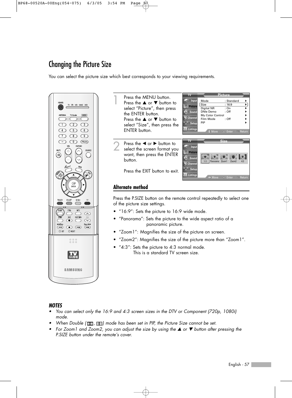 Changing the picture size, Alternate method | Samsung HL-R6168W User Manual | Page 57 / 144