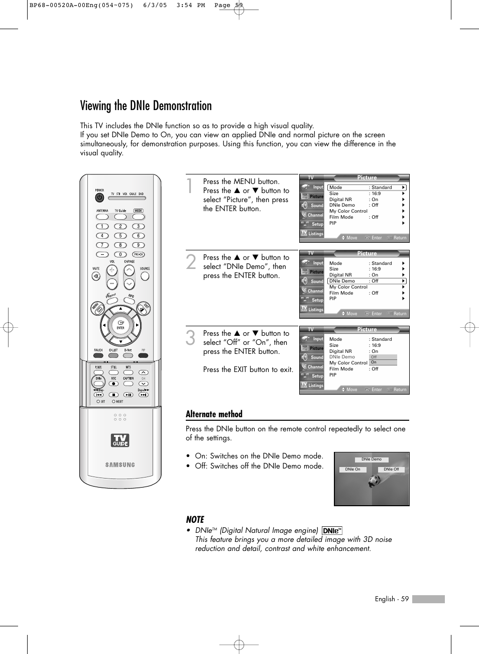 Viewing the dnie demonstration, Alternate method | Samsung HL-R6168W User Manual | Page 59 / 144